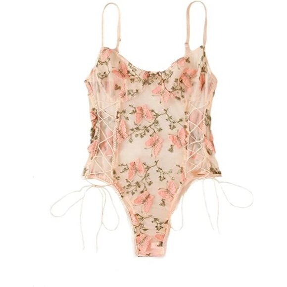 Sexy Lace Up Floral Embroidered Teddy Lingerie Bodysuit Top Mesh Sheer One Piece - Picture 2 of 8